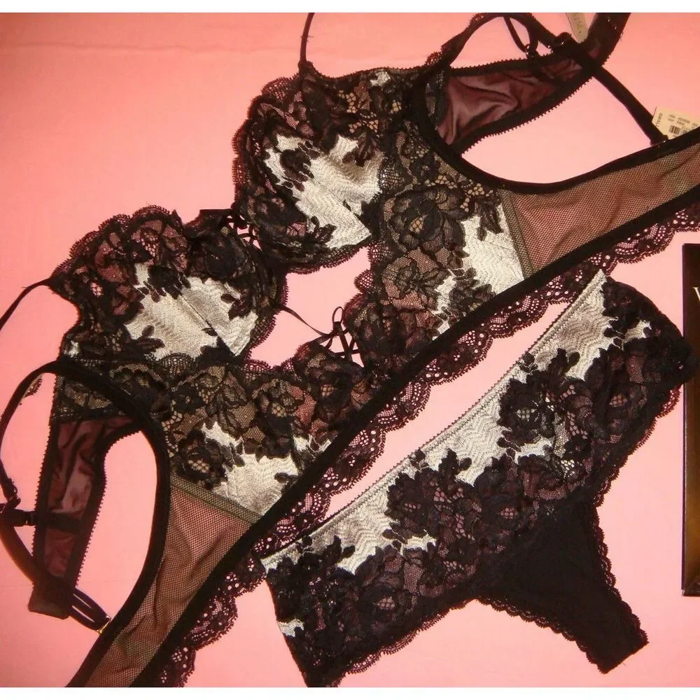 Victoria's Secret 36D BRA SET+M SLING+CORSET Black White Silver Sexy Seduction